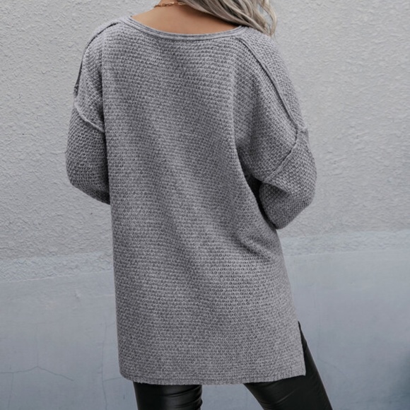 SOLD OUT Light Gray Textured Drop Shoulder Button Roll Tab Sleeve Knit Sweater - Picture 3 of 3